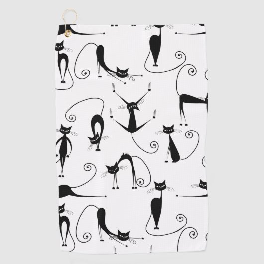 Whimsical Skinny Black Cat Muster Golfhandtuch (Vorderseite)