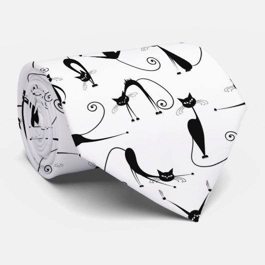 Whimsical Skinny Black Cat Muster Krawatte (Gerollt)
