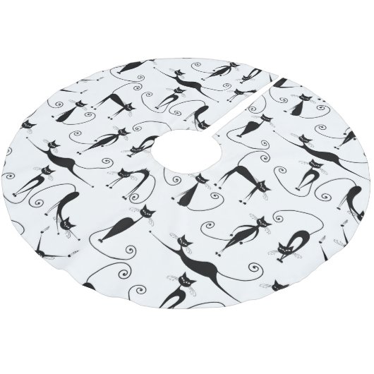 Whimsical Skinny Black Cat Muster Polyester Weihnachtsbaumdecke (Schrägansicht)
