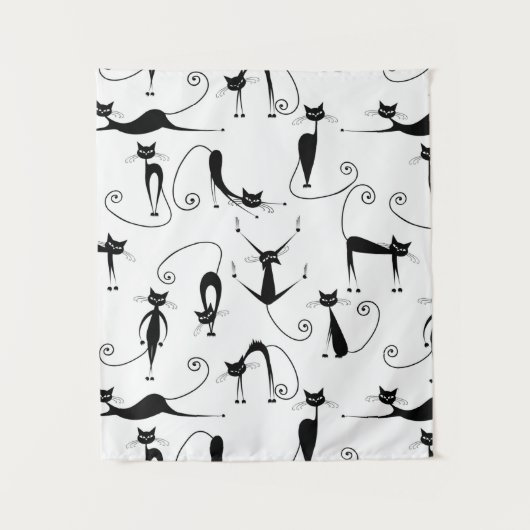Whimsical Skinny Black Cat Muster Wandteppich (Vorderseite)