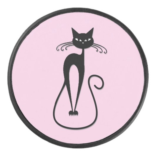 Whimsical Skinny Black Cat Pink Eishockey Puck (Vorderseite)
