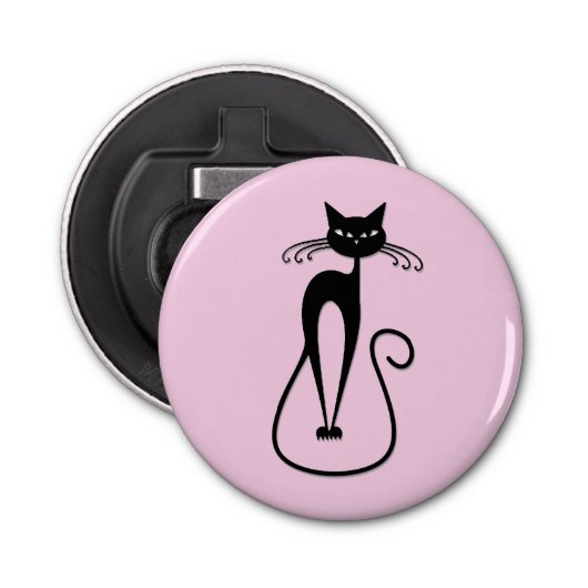 Whimsical Skinny Black Cat Pink Flaschenöffner (Vorderseite)