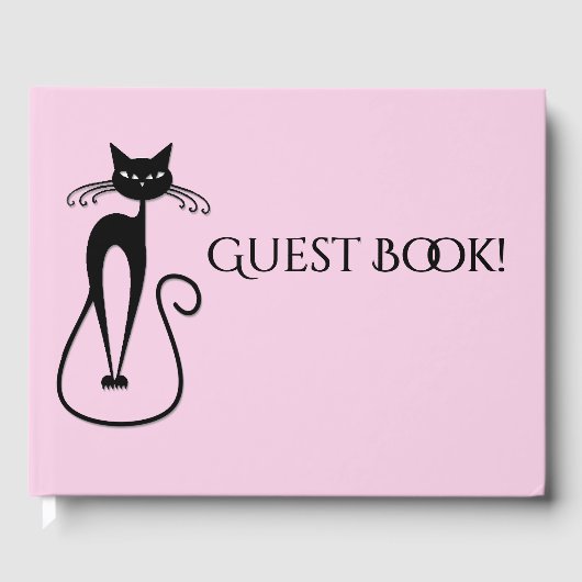 Whimsical Skinny Black Cat Pink Gästebuch (Vorderseite)