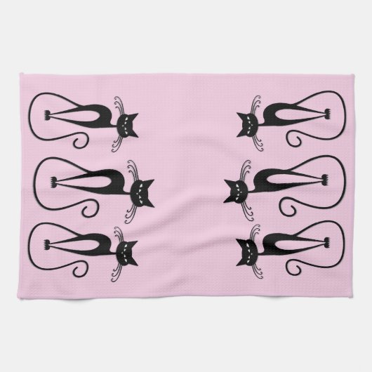 Whimsical Skinny Black Cat Pink Geschirrtuch (Horizontal)