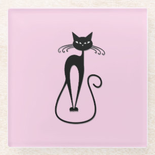 Whimsical Skinny Black Cat Pink Glasuntersetzer