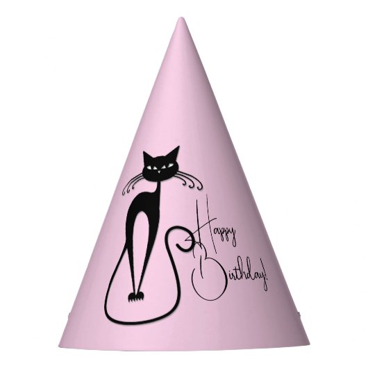 Whimsical Skinny Black Cat Pink Happy Birthday Partyhütchen (Vorderseite)