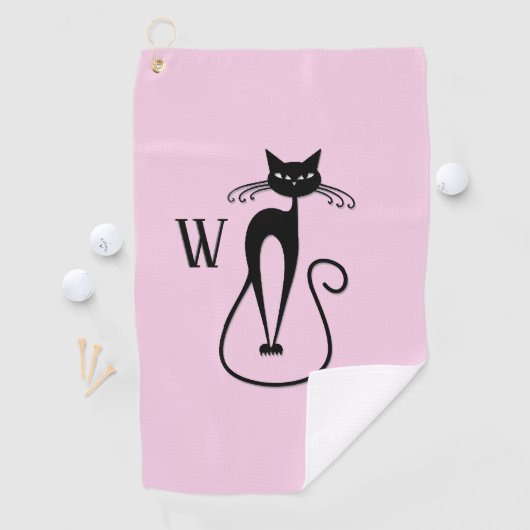 Whimsical Skinny Black Cat Pink Initial Golfhandtuch (Insitu)