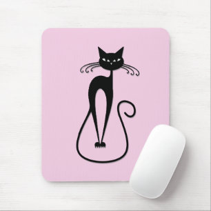 Whimsical Skinny Black Cat Pink Mousepad