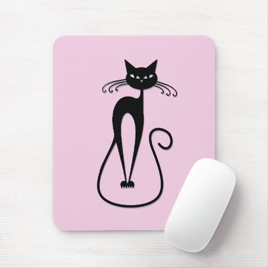 Whimsical Skinny Black Cat Pink Mousepad (Mit Mouse)