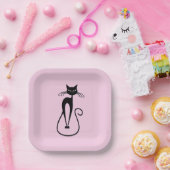 Whimsical Skinny Black Cat Pink Pappteller (Party)
