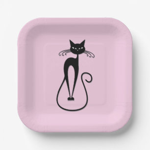 Whimsical Skinny Black Cat Pink Pappteller