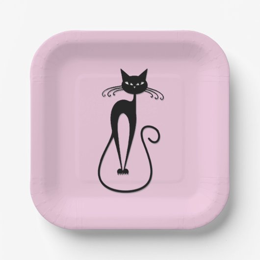 Whimsical Skinny Black Cat Pink Pappteller (Vorderseite)