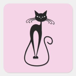 Whimsical Skinny Black Cat Pink Quadratischer Aufkleber