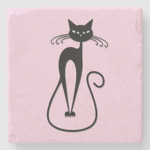 Whimsical Skinny Black Cat Pink Steinuntersetzer
