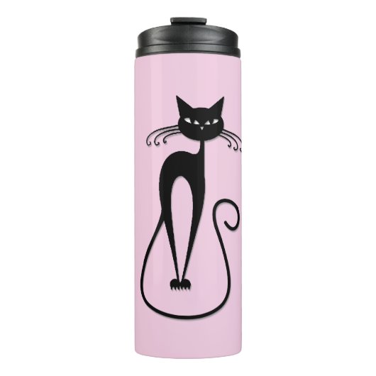 Whimsical Skinny Black Cat Pink Thermosbecher (Vorderseite)