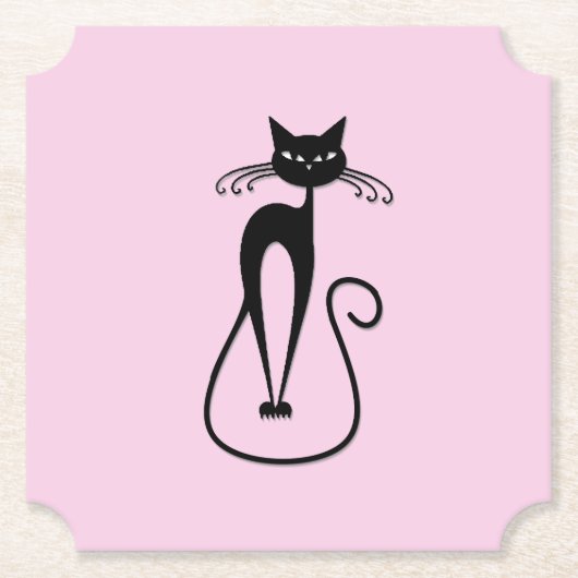 Whimsical Skinny Black Cat Pink Untersetzer (Vorderseite)
