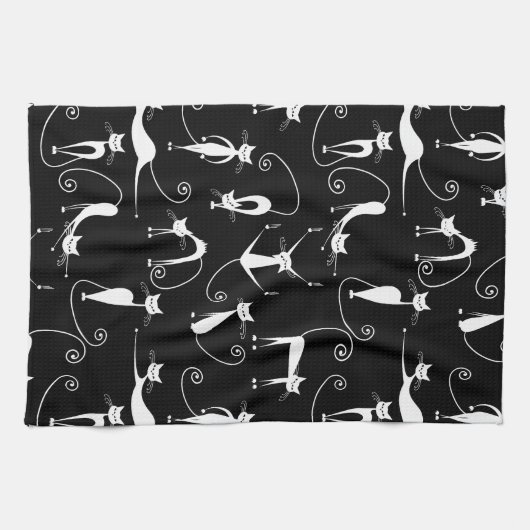 Whimsical Skinny white Cat Pattern Geschirrtuch (Horizontal)