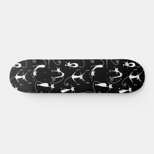 Whimsical Skinny white Cat Pattern Skateboard (Horizontal)