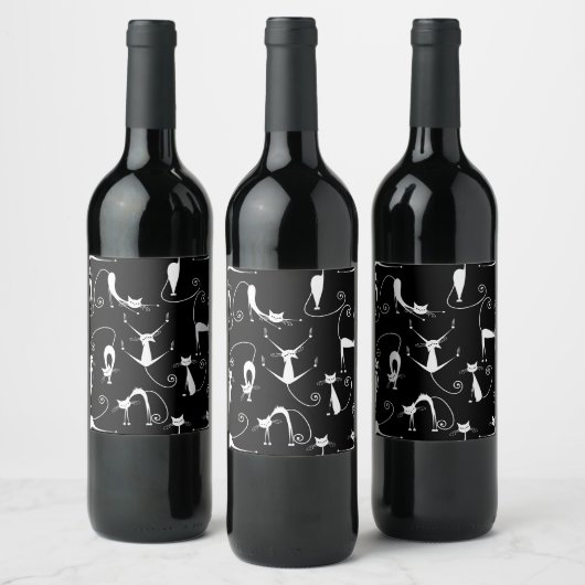 Whimsical Skinny white Cat Pattern Weinetikett (Flaschen)