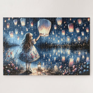 Whimsical Sky Lantern Lake Girl  Puzzle