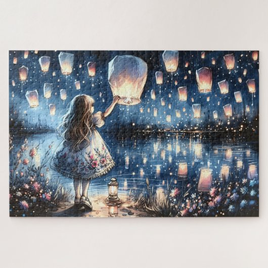 Whimsical Sky Lantern Lake Girl Puzzle (Horizontal)