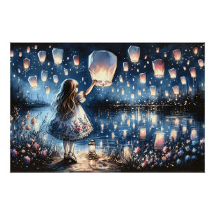 Whimsical Sky Lantern Lake Mädchen Poster