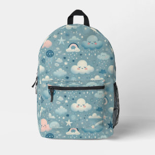 Whimsical Sky Muster mit Wolken, Sternen - Blau Bedruckter Rucksack