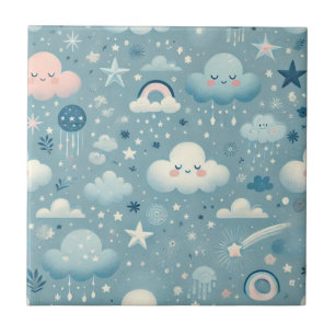 Whimsical Sky Muster mit Wolken, Sternen - Blau Fliese