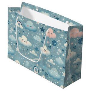 Whimsical Sky Muster mit Wolken, Sternen - Blau Große Geschenktüte