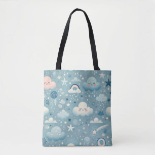 Whimsical Sky Muster mit Wolken, Sternen - Blau Tasche