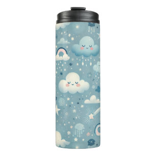 Whimsical Sky Muster mit Wolken, Sternen - Blau Thermosbecher