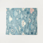 Whimsical Sky Muster mit Wolken, Sternen - Blau Wandteppich (Vorderseite (Horizontal))