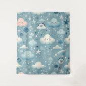 Whimsical Sky Muster mit Wolken, Sternen - Blau Wandteppich (Vorderseite)