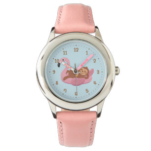 Whimsical Sloth on Pink Flamingo Float Girls beoba Armbanduhr