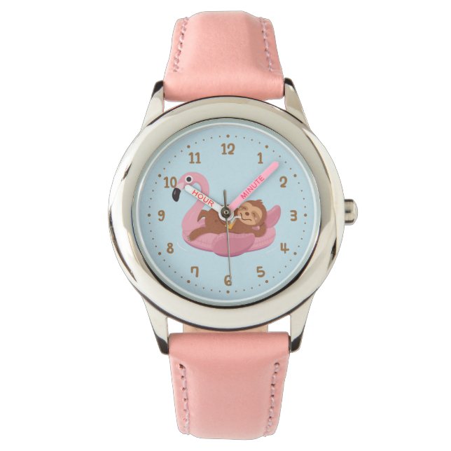 Whimsical Sloth on Pink Flamingo Float Girls beoba Armbanduhr (Vorderseite)