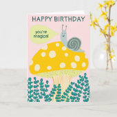Whimsical Snail on Magical Mushroom CUSTOM Bday Karte (Gelbe Blume)