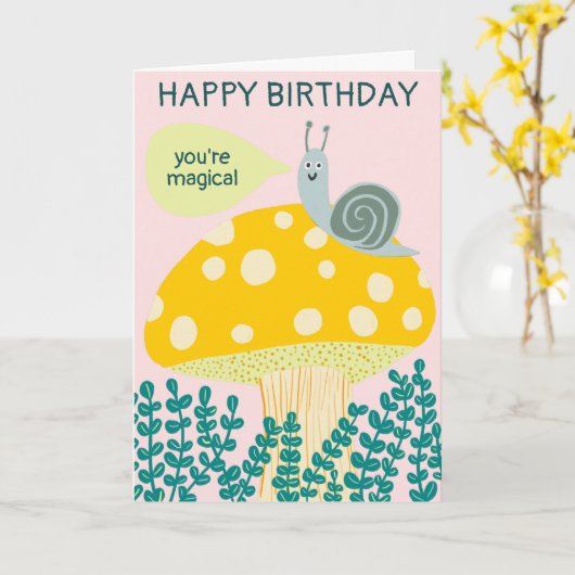 Whimsical Snail on Magical Mushroom CUSTOM Bday Karte (Gelbe Blume)