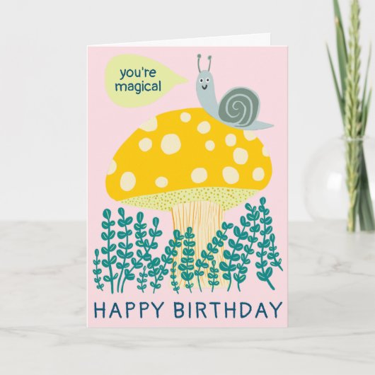 Whimsical Snail on Magical Mushroom CUSTOM Bday Karte (Vorderseite)