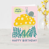 Whimsical Snail on Magical Mushroom CUSTOM Bday Karte (Gelbe Blume)