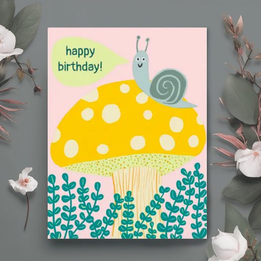 Whimsical Snail on Magical Mushroom CUSTOM Bday Postkarte
