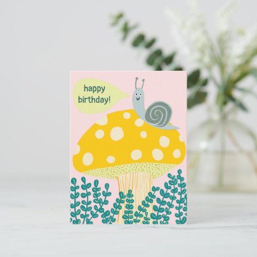 Whimsical Snail on Magical Mushroom CUSTOM Bday Postkarte (Stehend Vorderseite)