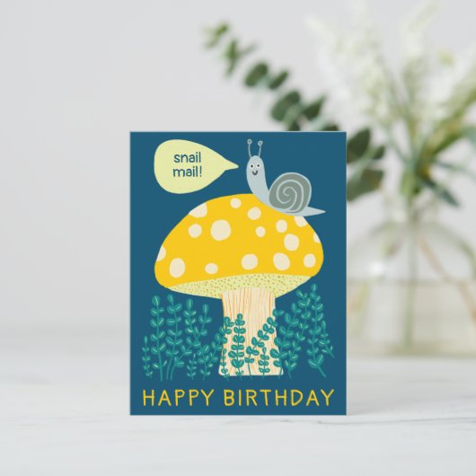 Whimsical Snail on Magical Mushroom CUSTOM Bday Postkarte (Stehend Vorderseite)