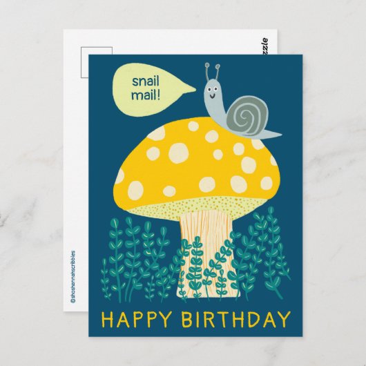 Whimsical Snail on Magical Mushroom CUSTOM Bday Postkarte (Vorne/Hinten)