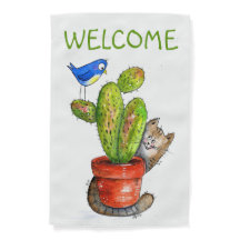 Whimsical Sneaky Cat with Cactus