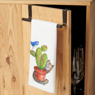 Whimsical Sneaky Cat with Cactus Geschirrtuch
