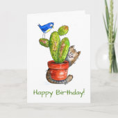 Whimsical Sneaky Cat with Cactus Karte (Vorderseite)