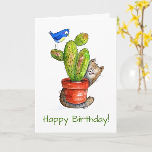 Whimsical Sneaky Cat with Cactus Karte (Gelbe Blume)