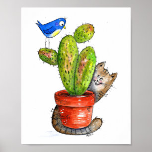 Whimsical Sneaky Cat with Cactus Poster