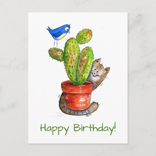 Whimsical Sneaky Cat with Cactus Postkarte (Vorderseite)