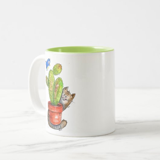Whimsical Sneaky Cat with Cactus Zweifarbige Tasse (Vorderseite Links)